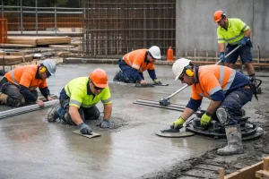 Skilled concreting experts in Melbourne smoothing and levelling freshly poured concrete on a residential construction site, wearing full protective safety gear.