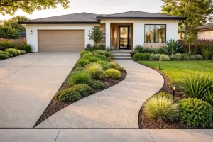 Concrete Driveways in Melbourne with curved pathway and modern landscaped front yard design