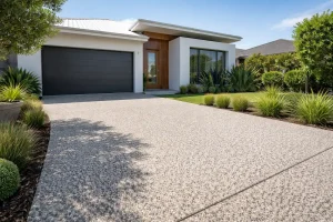 Modern home driveway showcasing Exposed Aggregate Concreting Melbourne with textured stone surface and contemporary outdoor landscaping.